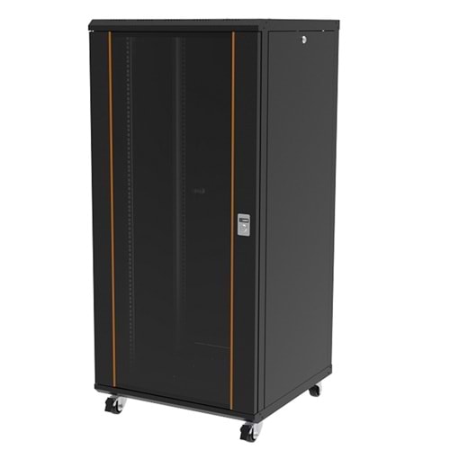 AGER 16U 600X1000mm MONTAJLI VEGA SERISI DIKILI TIP KABINET (ON TEK ACILIM CITALI CAM/B - ARKA TEK METAL PANEL/A - S1 SİYAH)