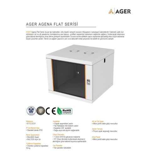 AGER 9U 600X600 DEMONTE AGENA FLAT SERİSİ DUVAR TİPİ KABİNET (ÖN CAM ÇITALI CAM KAPAKC-B1 BEYAZ)