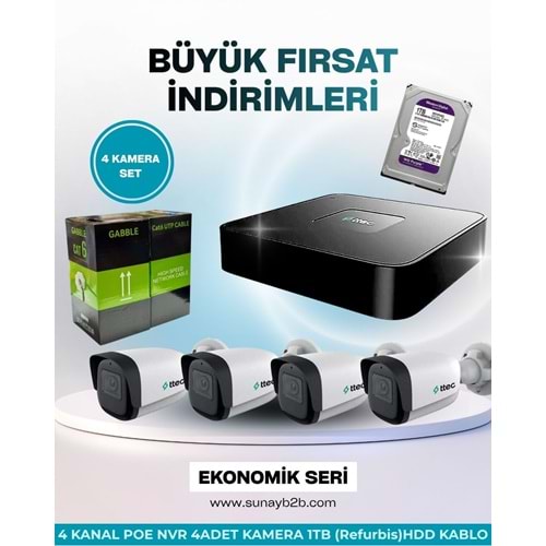 TTEC 4 İP KAMERA SET (IPBP-2330M-M-LİTE-NVR-3104HP/4P-LİTE-1TB (Refurbis)HDD-305MT CAT6)