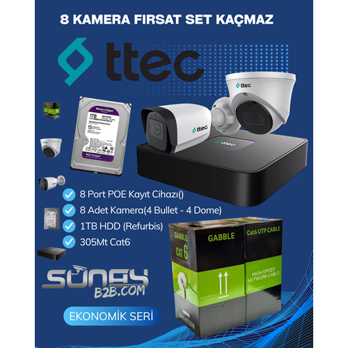 TTEC 8 İP KAMERA SET (IPBP-2330M-M-LİTE-NVR-3108HP/8P-Lite-1TB (Refurbis)HDD-305MT CAT6)