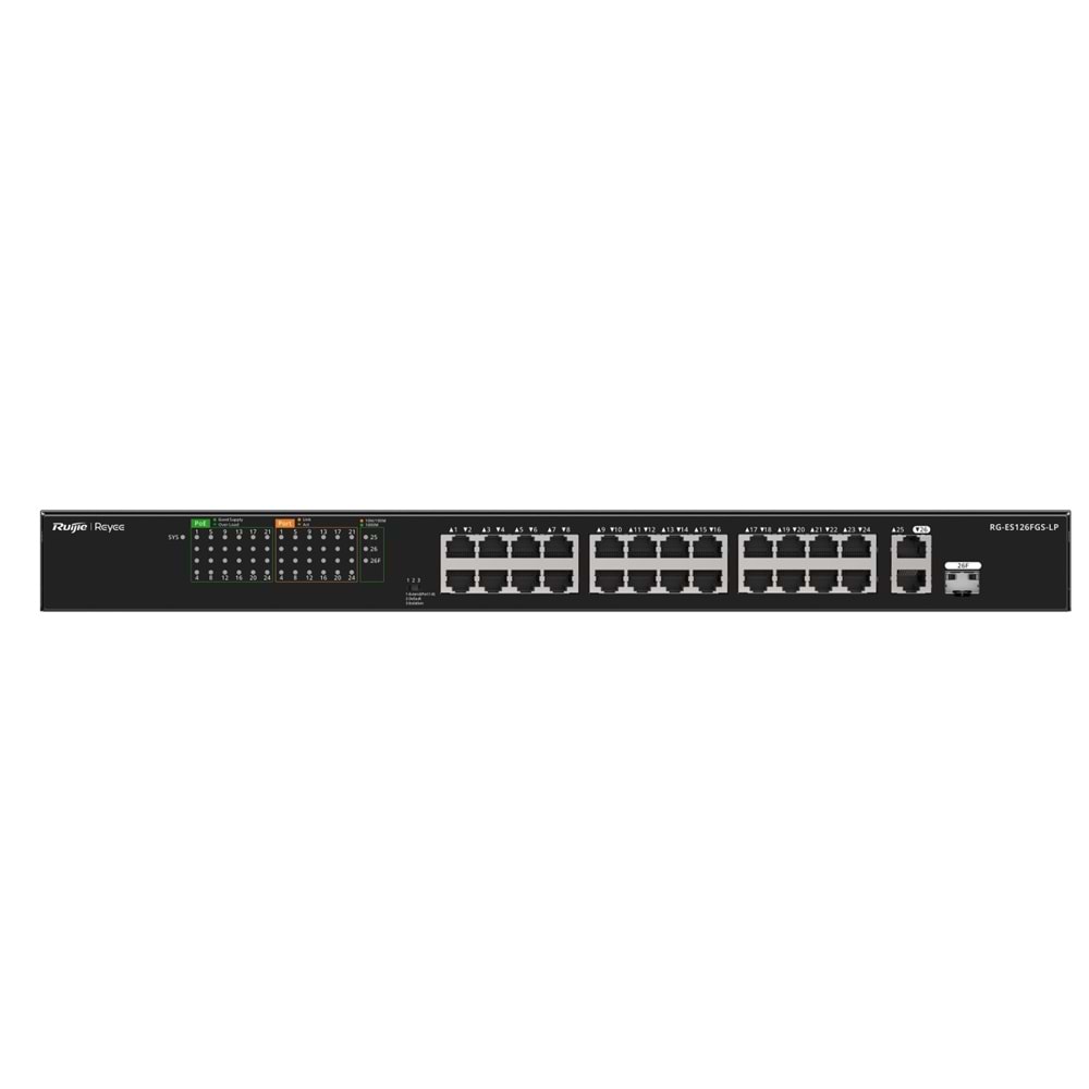 RUIJIE REYEE RG-ES126FGS-LP 26 PORT, 10/100 FAST ETHERNET, 2 GİGABİT UPLİNK, 1 GİGABİT COMBO, 24 PORT POE SWİTCH+(180W)