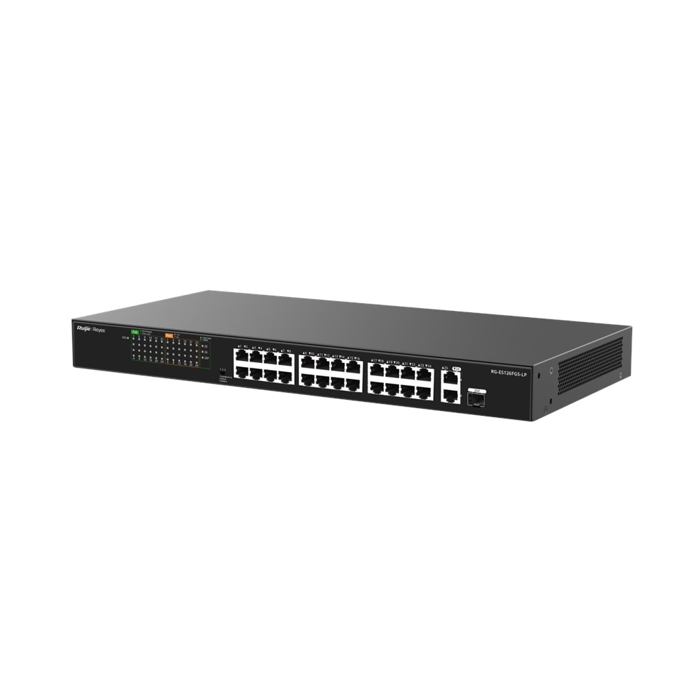RUIJIE REYEE RG-ES126FGS-LP 26 PORT, 10/100 FAST ETHERNET, 2 GİGABİT UPLİNK, 1 GİGABİT COMBO, 24 PORT POE SWİTCH+(180W)