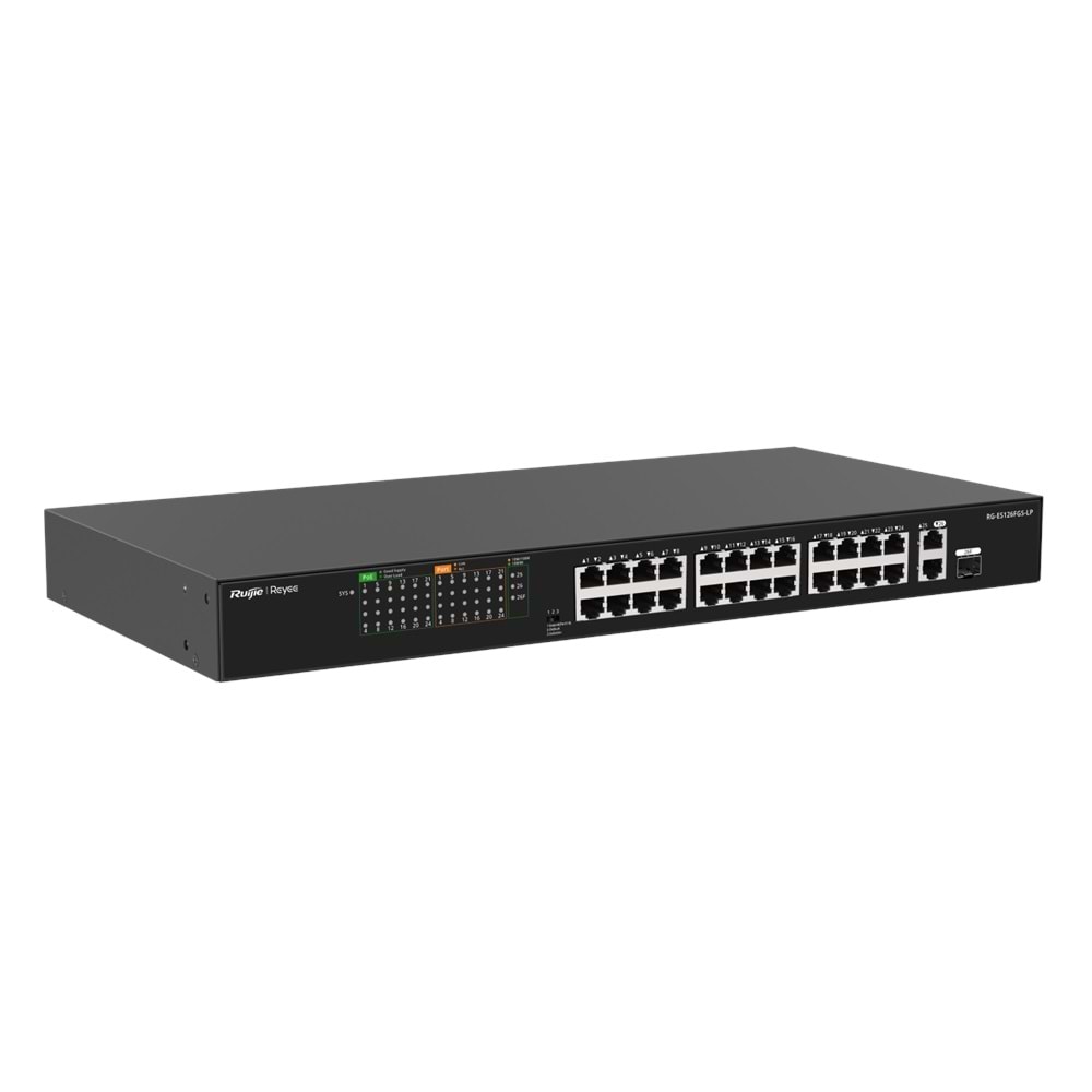 RUIJIE REYEE RG-ES126FGS-LP 26 PORT, 10/100 FAST ETHERNET, 2 GİGABİT UPLİNK, 1 GİGABİT COMBO, 24 PORT POE SWİTCH+(180W)