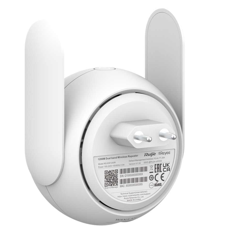 RUIJIE REYEE RG-EW1200R PRİZ TİPİ Wİ-Fİ EXTENDER - DUAL-BAND, 867MBPS at 5GHz + 300MBPS at 2.4GHz, 1 FAST-ETHERNET PORT
