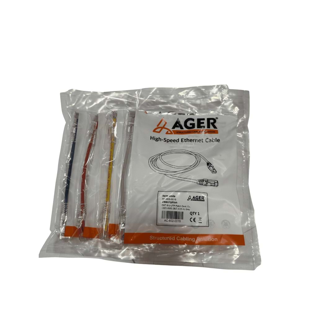 AGER AC-602-0015 CAT6 U-UTP SLİM PATCH CORD GRİ (15CM)
