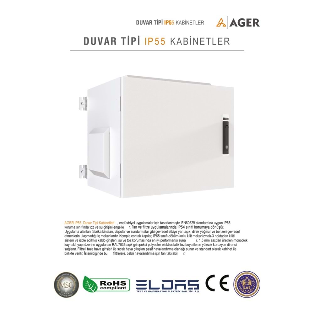 AGER 12U 600X450 AG-OB12U6045B2-D-A-M1-12U6045 MONTAJLI BASIC OUTDOOR DUVAR TIPI KABINET (ON METAL KAPAK IKI ADET KELEBEK KILITLI D-B2 7035 DIS ORTAM)