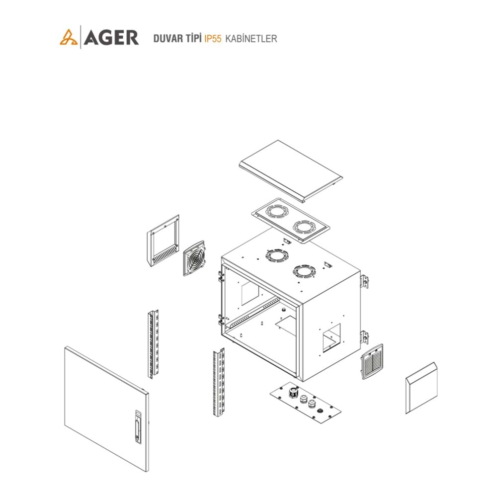 AGER 12U 600X450 AG-OB12U6045B2-D-A-M1-12U6045 MONTAJLI BASIC OUTDOOR DUVAR TIPI KABINET (ON METAL KAPAK IKI ADET KELEBEK KILITLI D-B2 7035 DIS ORTAM)