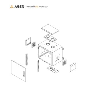 AGER 12U 600X450 AG-OB12U6045B2-D-A-M1-12U6045 MONTAJLI BASIC OUTDOOR DUVAR TIPI KABINET (ON METAL KAPAK IKI ADET KELEBEK KILITLI D-B2 7035 DIS ORTAM)