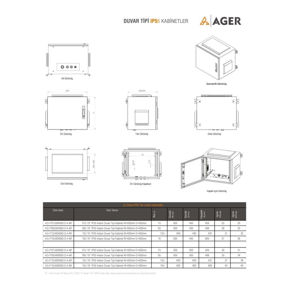 AGER 12U 600X450 AG-OB12U6045B2-D-A-M1-12U6045 MONTAJLI BASIC OUTDOOR DUVAR TIPI KABINET (ON METAL KAPAK IKI ADET KELEBEK KILITLI D-B2 7035 DIS ORTAM)