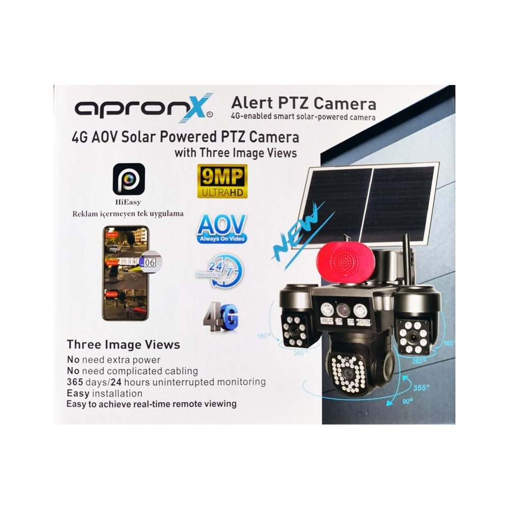 APRONX APX-WSP795 9MP AOV 4G SOLAR 3 KAMERA 60 LED PTZ KAMERA