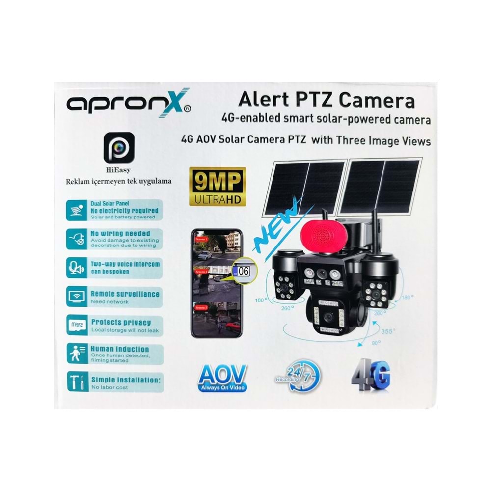 APRONX APX-WSP798 9MP AOV 4G SOLAR 3 KAMERA 40 LED PTZ KAMERA