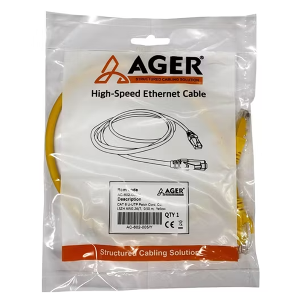 AGER ACPC6-600-LA50-YL CAT6 U-UTP PATCH CORD YELLOW (50CM)