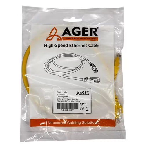 AGER ACPC6-600-LA50-YL CAT6 U-UTP PATCH CORD YELLOW (50CM)
