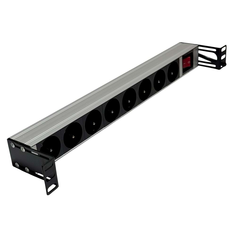 AGER 1U 8Lİ GRUP PRİZ RACK TİPİ AA-PRZ01U19-8S-AL-PW-BL-19INCH ON/OFF TUŞLU