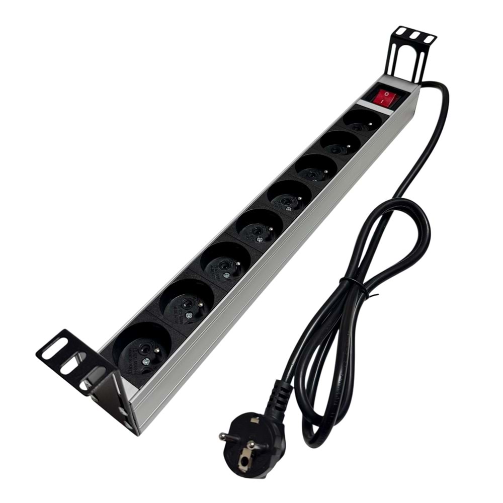AGER 1U 8Lİ GRUP PRİZ RACK TİPİ AA-PRZ01U19-8S-AL-PW-BL-19INCH ON/OFF TUŞLU
