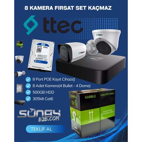 TTEC 8 İP KAMERA SET (IPBP-2330M-M-LİTE-NVR-3108HP/8P-Lite-500GB HDD-305MT CAT6)